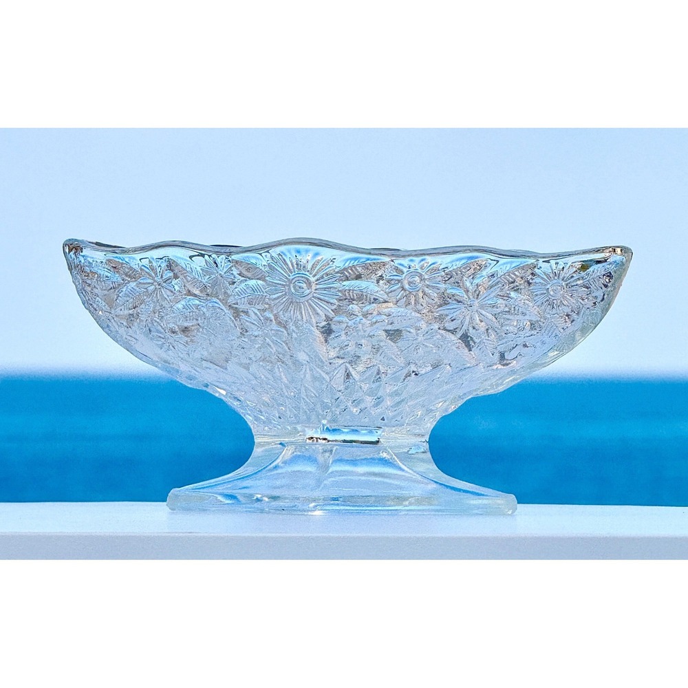 Floral Pressed Glass Pedestal Bowl Unbranded Clear Vintage Farmhouse Candy Dish